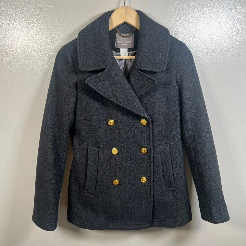 J. Crew Stadium Cloth Wool Pea Coat Size 2 Gray Nello Gori Double Breasted - Picture 1 of 12